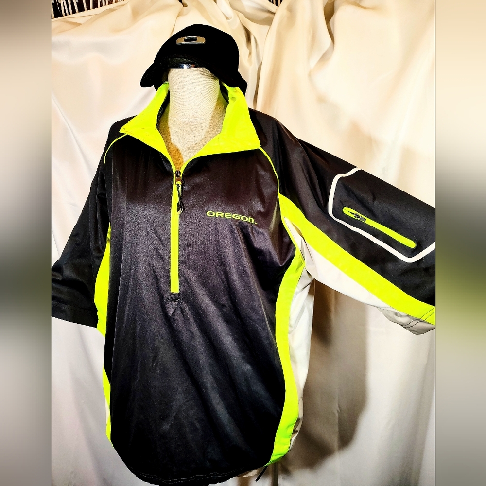 2Pc.Univ of OR Windbreaker Men Jacket+Oakley Cap,Yllw/Blck Shrt Sleeve,1/2 Zip,L